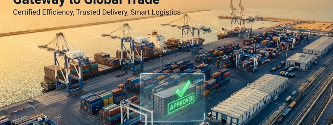 Shipping container at an Egyptian port with a glowing APPROVED checkmark, representing Importer of Record (IOR) Egypt and DDP customs clearance services.