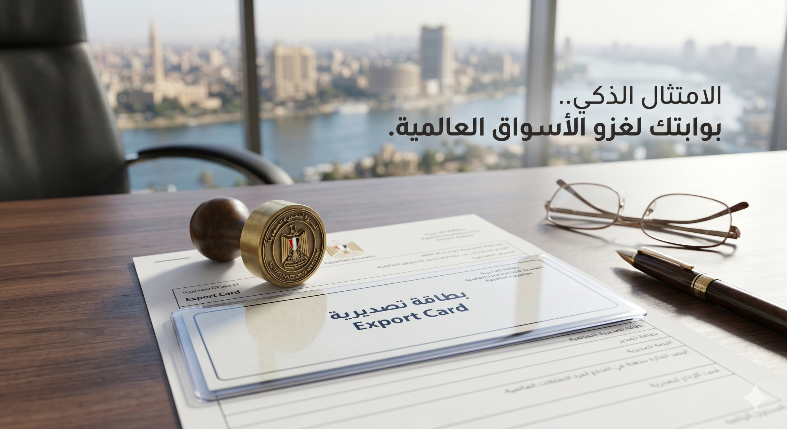 نموذج البطاقة التصديرية وختم رسمي يشير إلى الأوراق المطلوبة للقيد في سجل المصدرين واستخراج رخصة التصدير في مصر