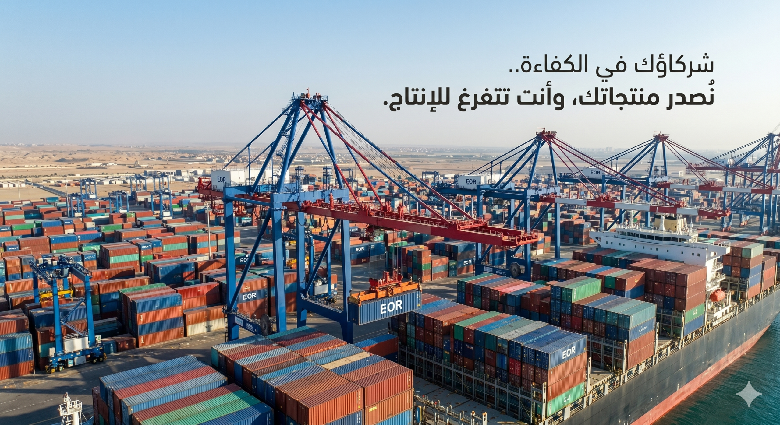 ميناء حاويات وشحن يرمز إلى كفاءة وسرعة التصدير بدون سجل تجاري أو بطاقة تصديرية عبر الاعتماد على خدمات المصدر المسجل EOR في مصر.
