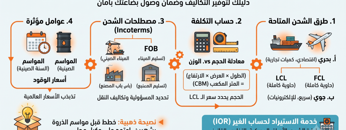 إنفوجرافيك الدليل الشامل لطرق الشحن من الصين لمصر بحري وجوي، حساب التكلفة CBM، ومصطلحات الإنكوتيرمز FOB وEXW من النجوم إيجيبت.