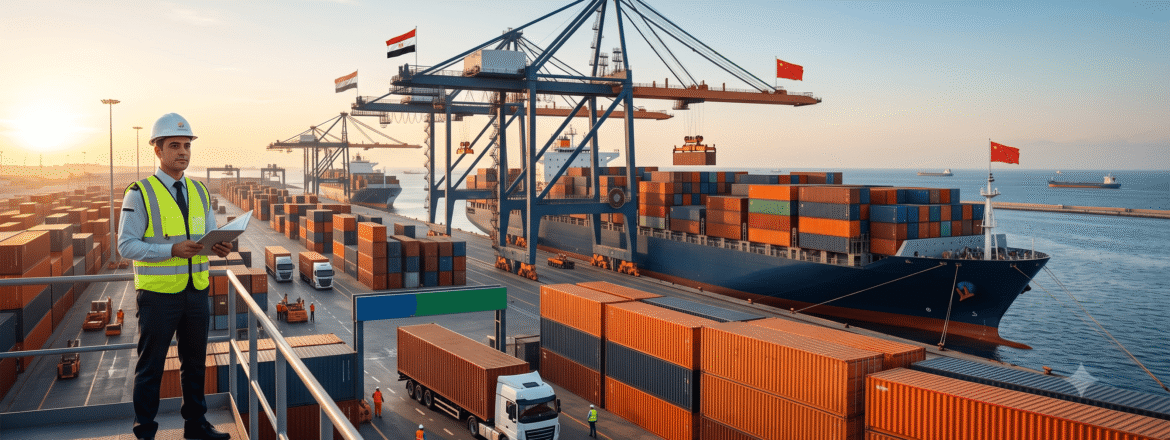 مهندس لوجستيات يتابع عمليات شحن وتفريغ الحاويات التجارية في الميناء، تعبيراً عن خدمات الاستيراد من الصين والتخليص الجمركي مع شركة النجوم إيجيبت.