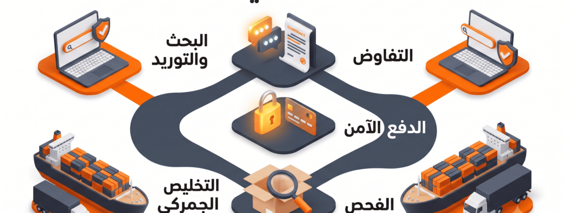 إنفوجرافيك يوضح خطوات الاستيراد من موقع علي بابا (B2B) كالمحترفين، بدءاً من البحث والتوريد، التفاوض، الدفع الآمن، الفحص، وصولاً إلى التخليص الجمركي مع النجوم إيجيبت.
