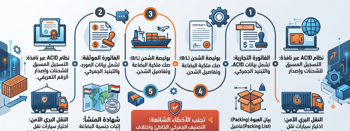 إنفوجرافيك الدليل الشامل يوضح المستندات المطلوبة وخطوات التخليص الجمركي في مصر للمستوردين، ونظام نافذة للتسجيل المسبق (ACID) - النجوم إيجيبت.